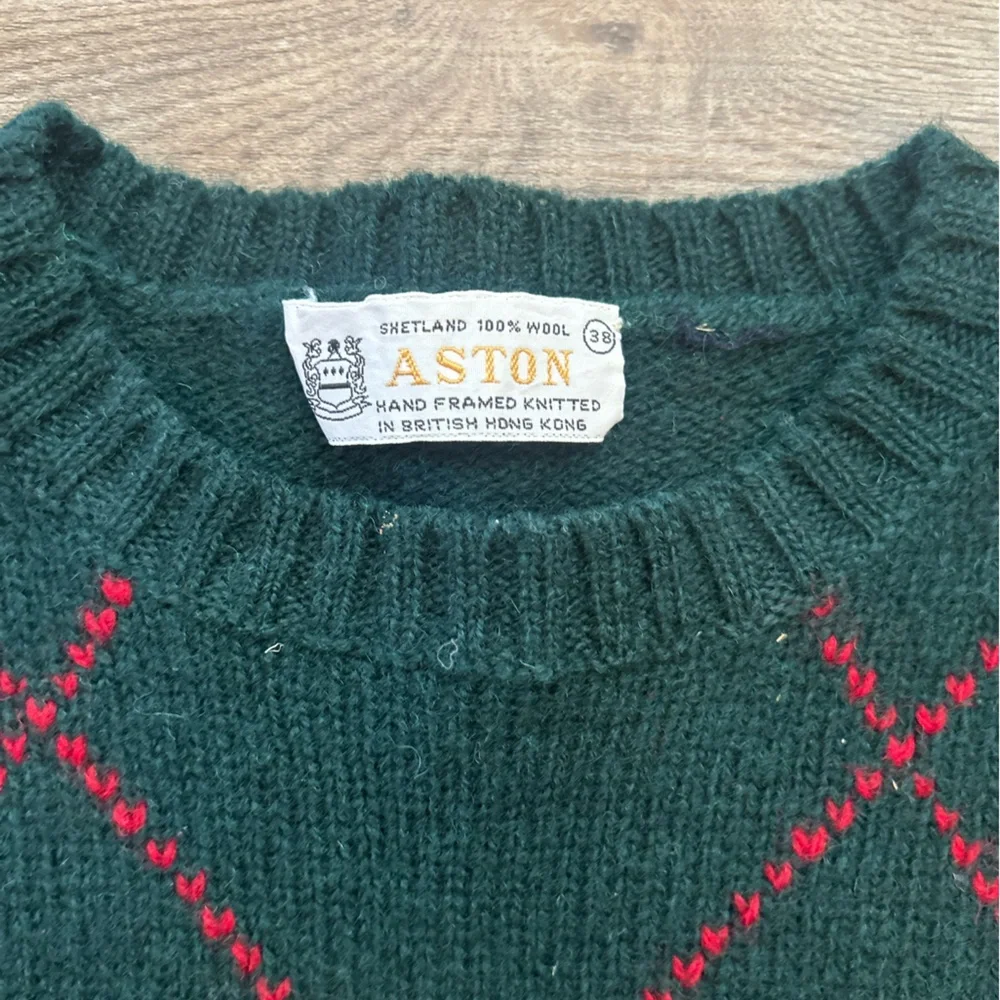 Vintage 60s Argyle Wool Sweater Aston Green Hand Framed Knit Men size‎ 38 (S/M?)